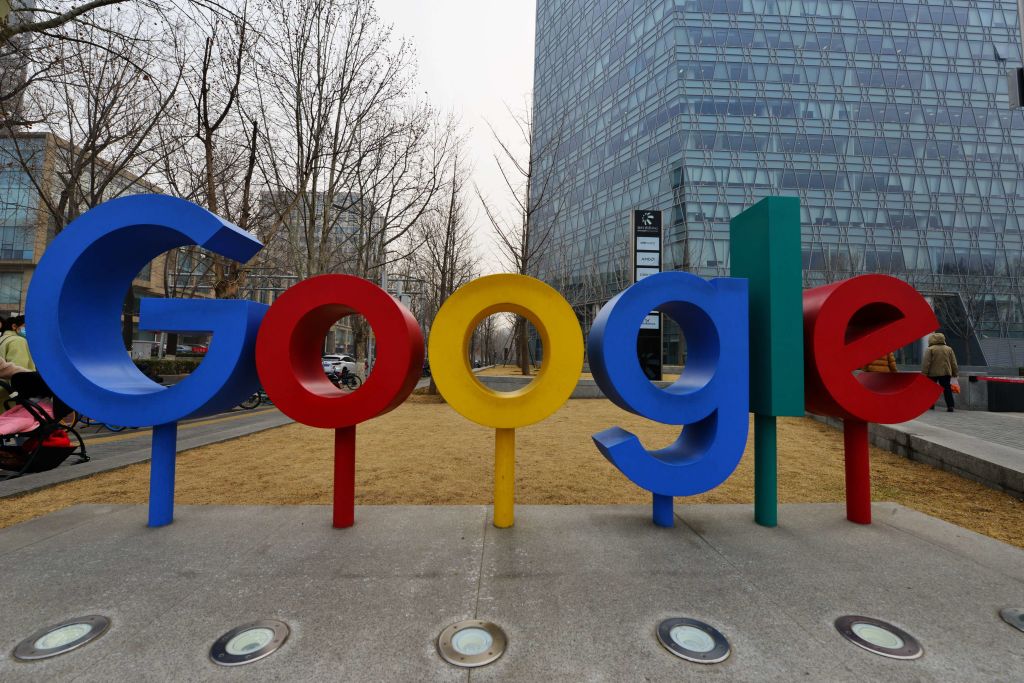 BEIJING, CHINA - MARCH 10, 2021 - A Google logo is seen in front of the Google building in Beijing, March 10, 2021. According to The Verge, Google has announced that it will have separate profiles for kids in Google TV. Kids profiles allow users to decide which apps to use for children. Parents can set viewing times for children's files and enter a specified bedtime.PHOTOGRAPH BY Costfoto / Barcroft Studios / Future Publishing (Photo credit should read Costfoto/Barcroft Media via Getty Images)