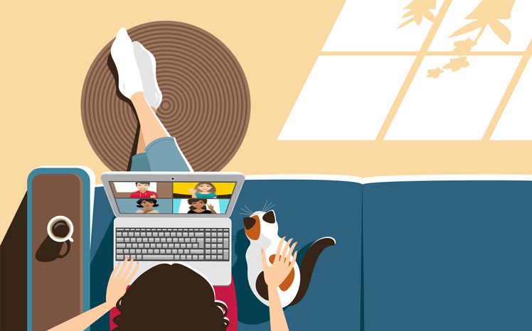 Young woman sitting on a sofa using a laptop for a video conference. High angle view.