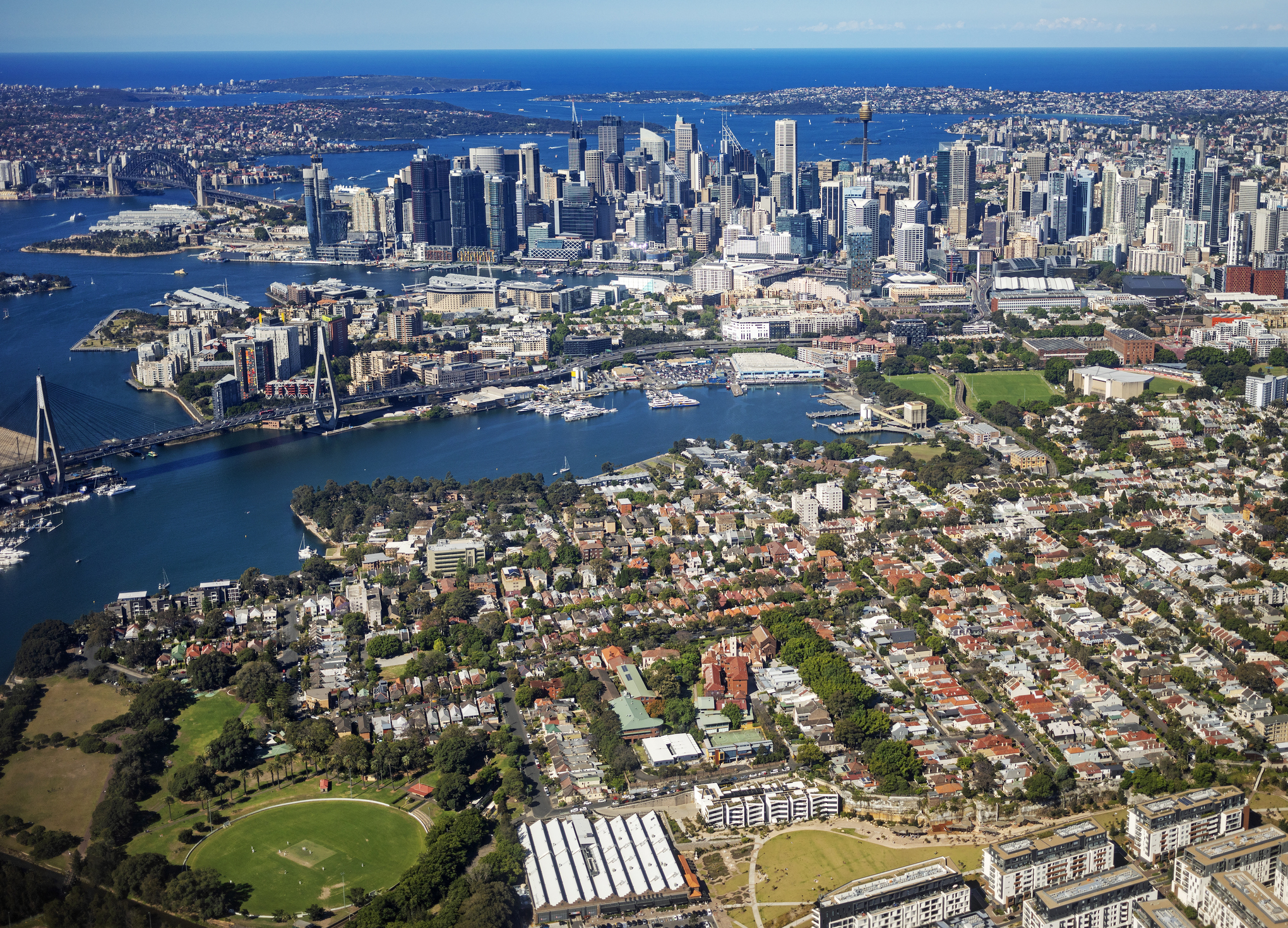 Sydney city skyline with inner suburbs of Glebe and Pyrmont, Australia, aerial photography