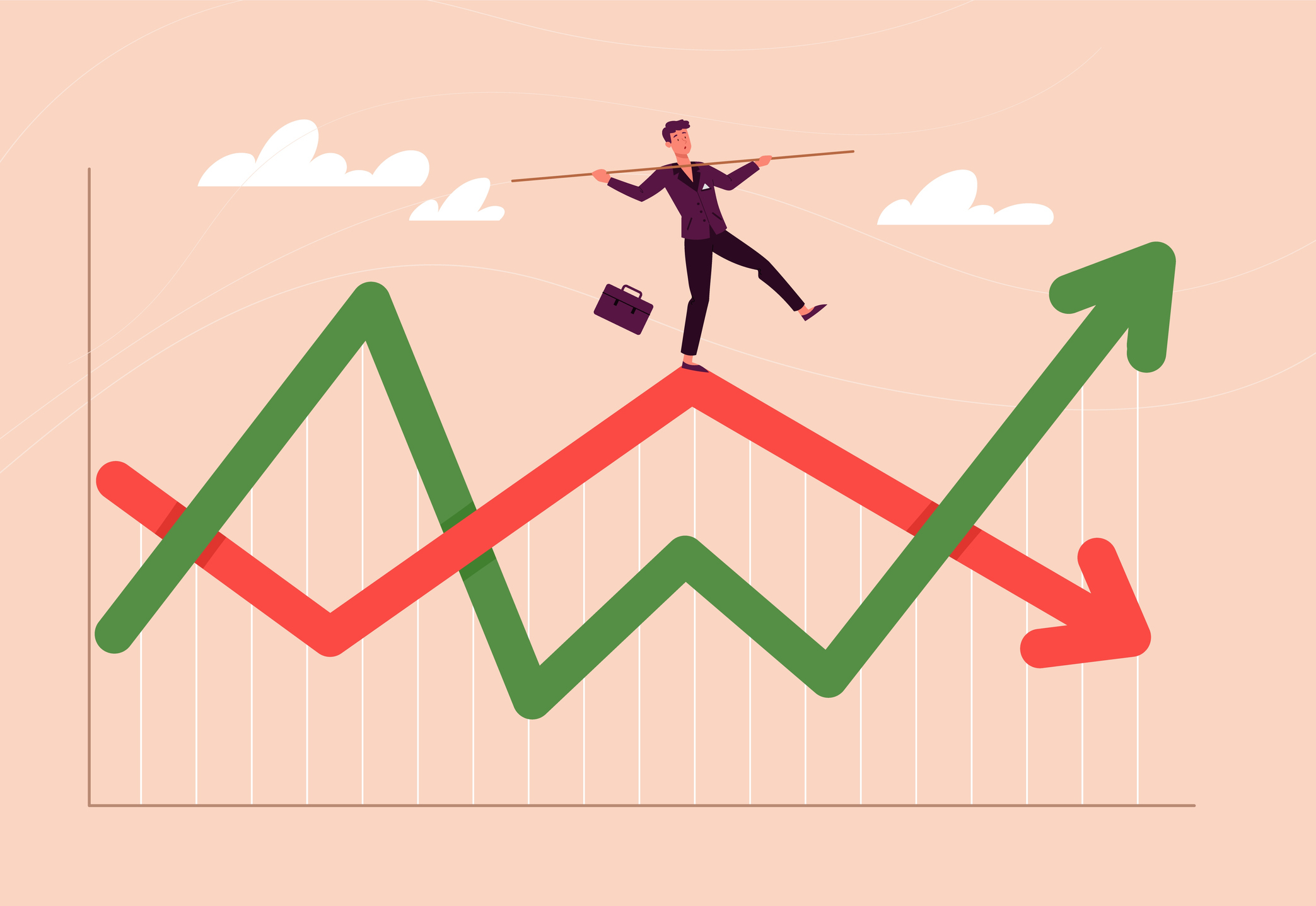 Financial investment volatility, up and down arrows profit graph due to Coronavirus crisis, businessman trying to balance like a tightrope walker so that volatility does not gobble up his investments
