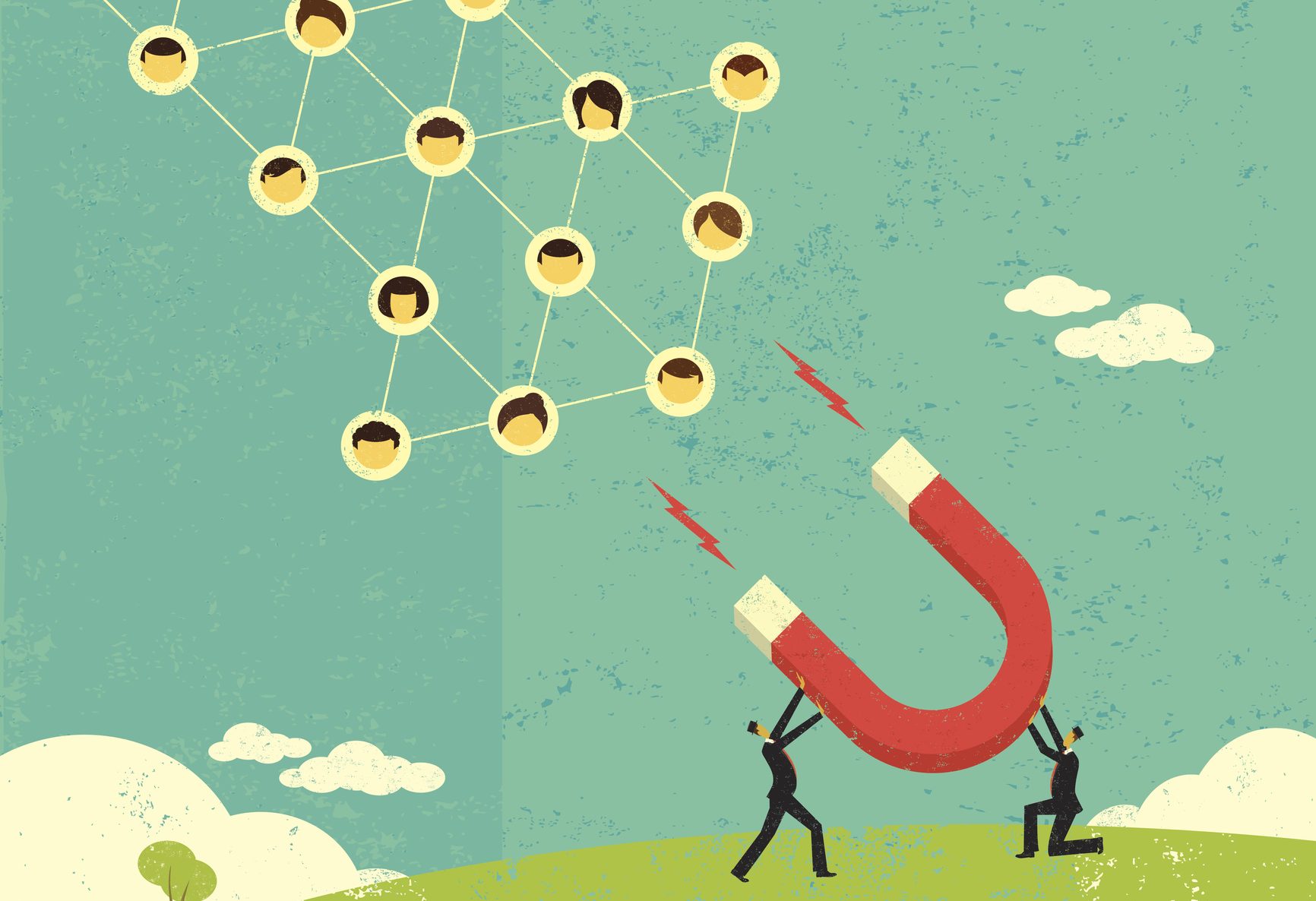 Business people use a large magnet to attract a large social network. The people and background are on separate labeled layers.