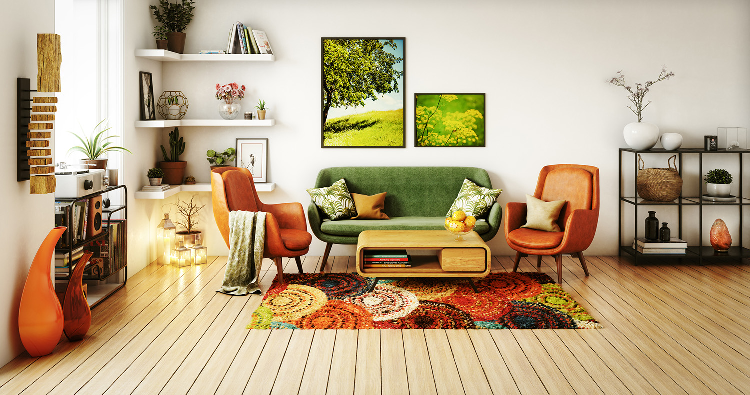 Digitally generated 70s style living room interior design.

The scene was rendered with photorealistic shaders and lighting in Autodesk® 3ds Max 2016 with V-Ray 3.6 with some post-production added.
