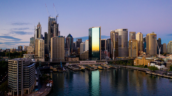 Circular Quay during sunrise during COVID-19 pandemic looks eerily quiet on April 10, 2020 in Sydney, Australia.