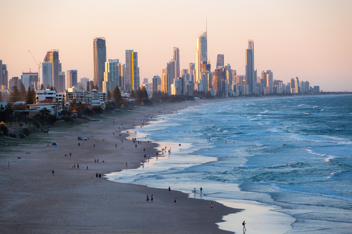 Sunset at Surfers Paradise, with tall buildings in the background, Gold Coast, Queensland, Australia