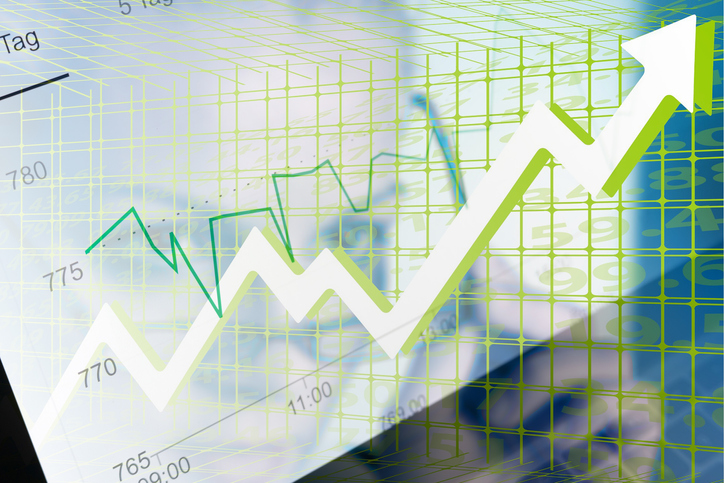 Economy graph: rising arrow and executive woman. Economy graph: rising arrow and executive woman.