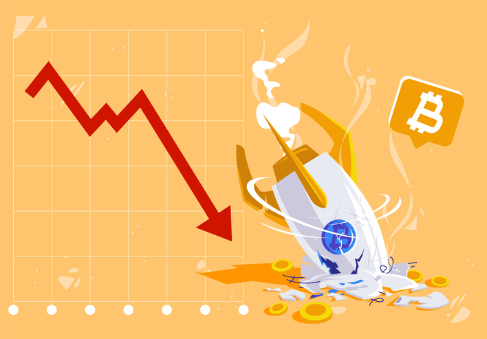 vector illustration of a crashed rocket, the concept of a drop in the value of a cryptocurrency with a red down arrow on the graph